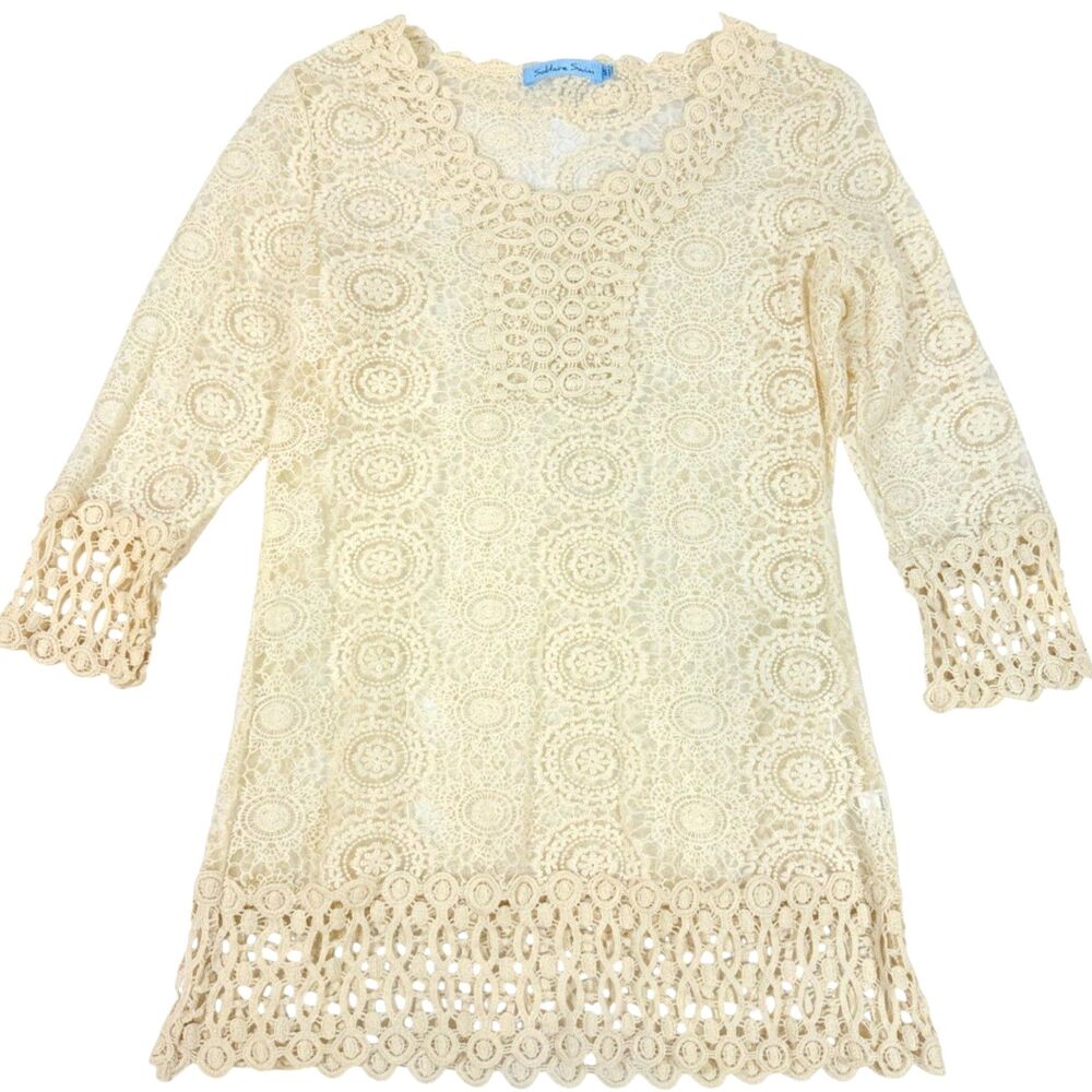 Solitaire Size Medium Crochet Lace Tunic Ivory Cream Boho Beach Pool Resort Wear